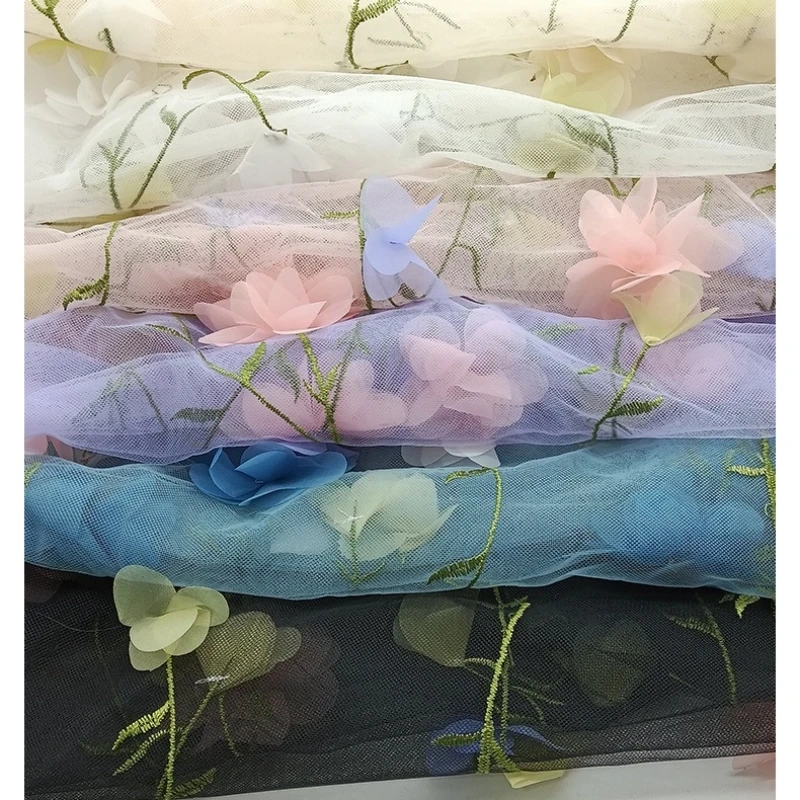 3D Floral Embroidered Mesh Tulle Handmade Flower Lace Fabric for Wedding Dress Evening Gown, Sheer Glitter Textile Wide 130cm