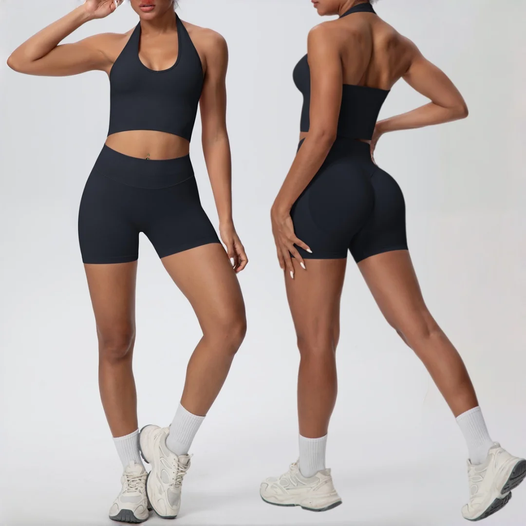 

Бесшовный комплект для йоги, спортивный фитнес-жилет с открытой спиной и лямкой на шее, костюм для йоги, одежда для бега, танцев, тренировок, спортивная одежда для спортзала для женщин