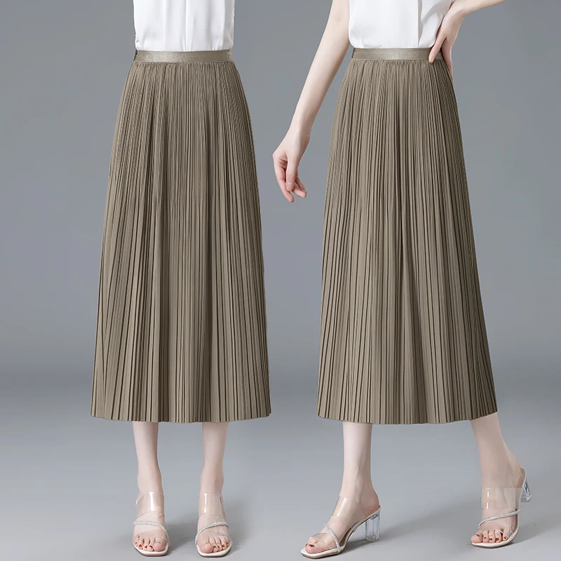 

2026 Summer Women's High Waist Pleated Skirt Elegant A-Line Midi Skirt Casual Solid Color Fashion Bottoms European Style New