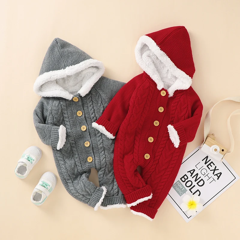 Boy Baby Rompers Knitted Infant Jumpsuit Long Sleeve Winter Newborn Kid Clothing Fashion Hooded 0-18M Solid Fleece Warm Overalls