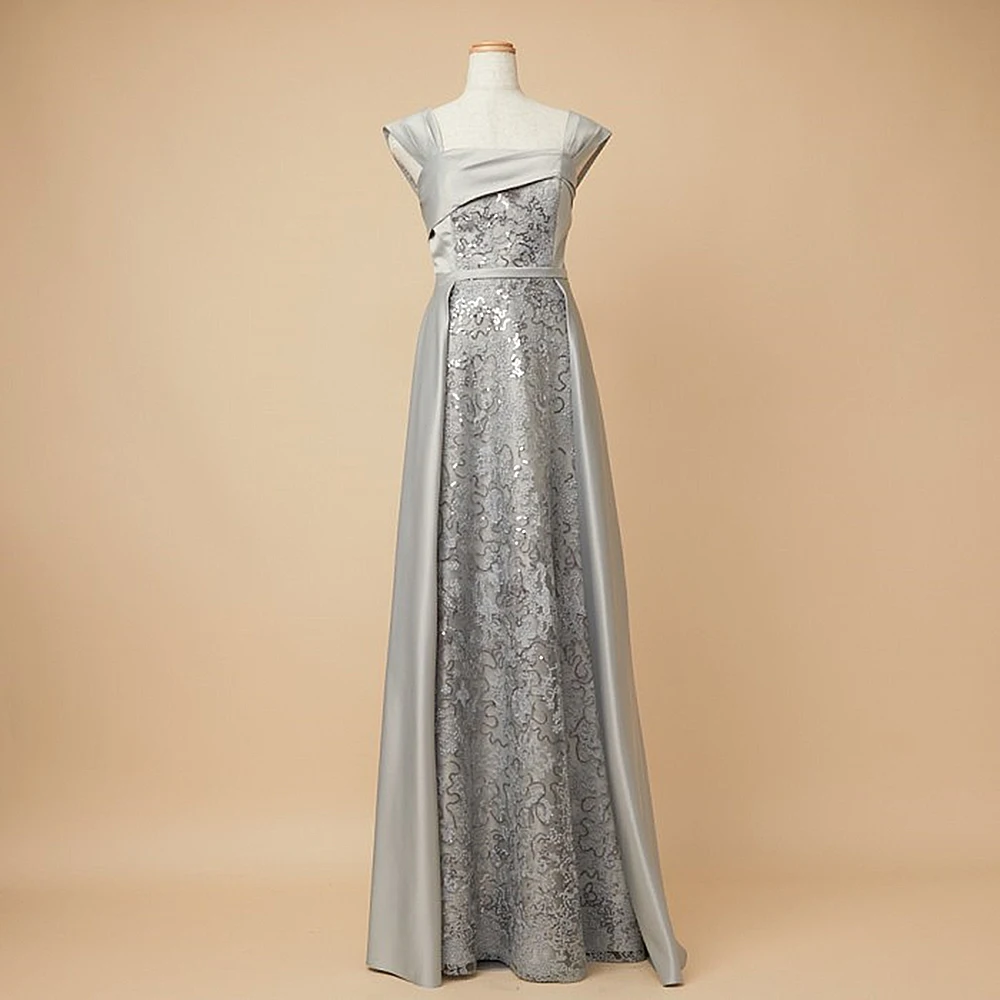 

Customized Grey Off the Shoulder Satin Floor Evening Dress With Watteau Train Backless Party Dress A-line Floor Length Prom Gown