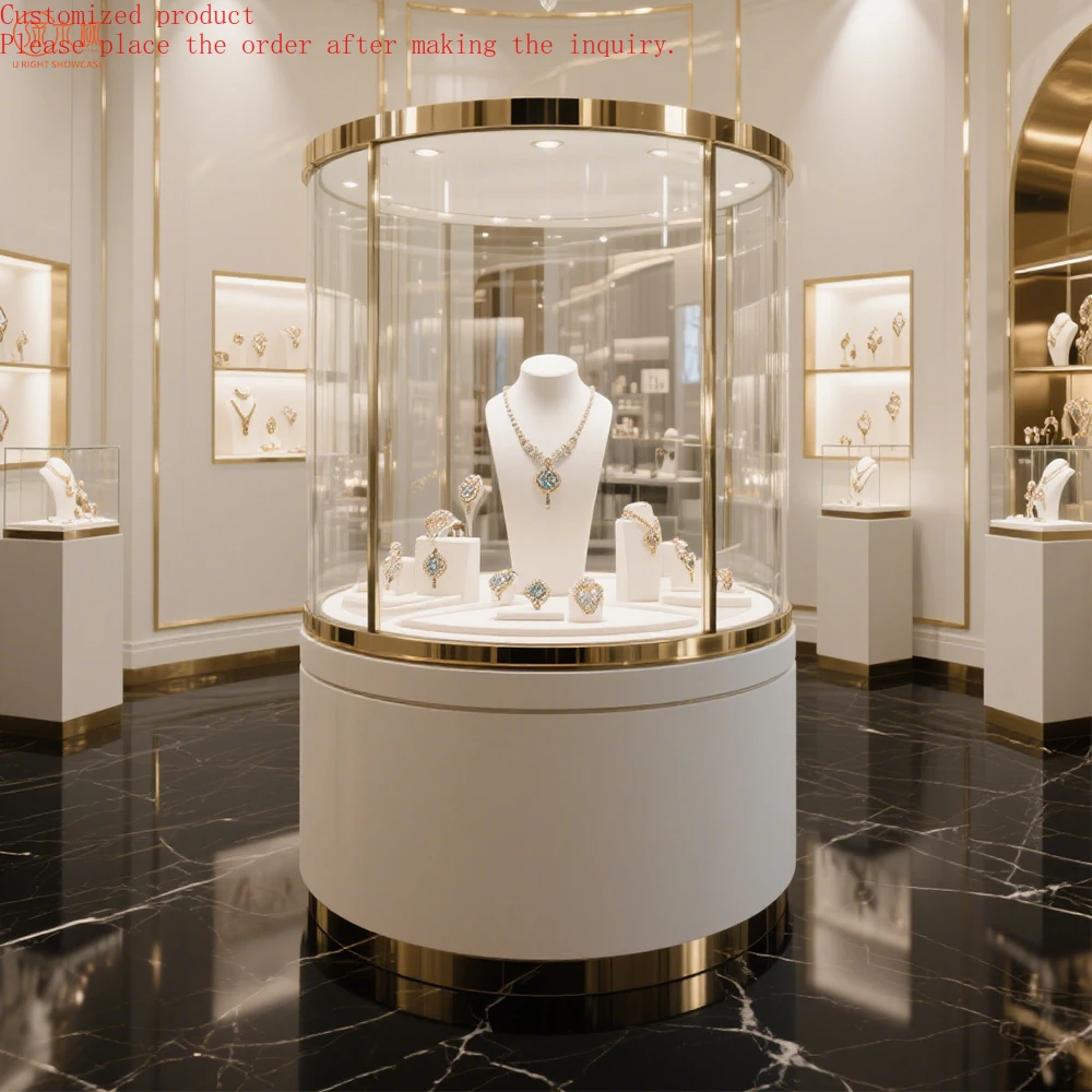 

Custom.The Wooden Lacquered Modern Jewelry Display Cases Customized Mirror-finish Stainless Steel Frame Showcase for Jewelry Sho