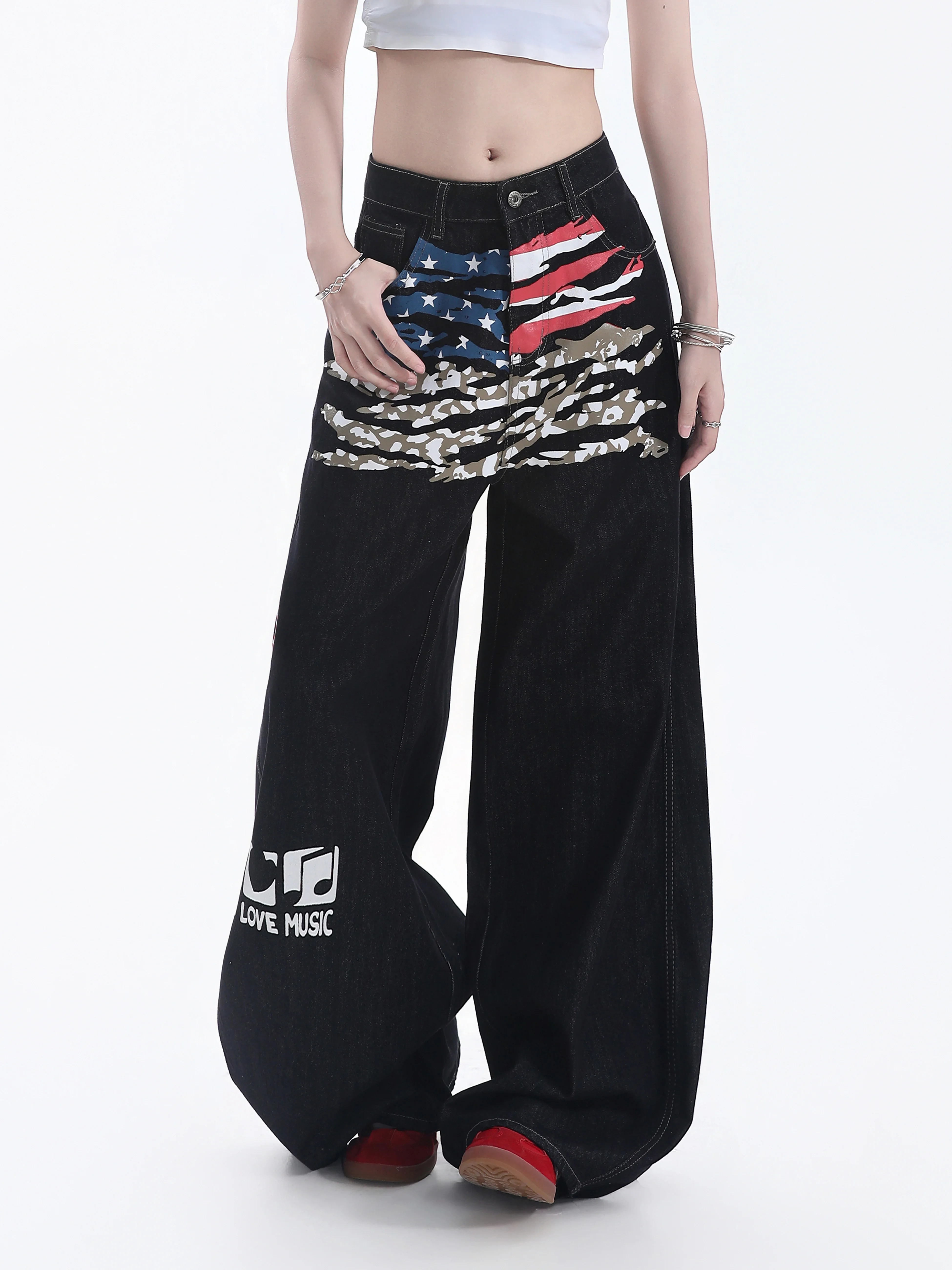 American Street Style Wide Leg Denim Jeans Women's Flag Camouflage Note Print Subculture Floor-Length Pants