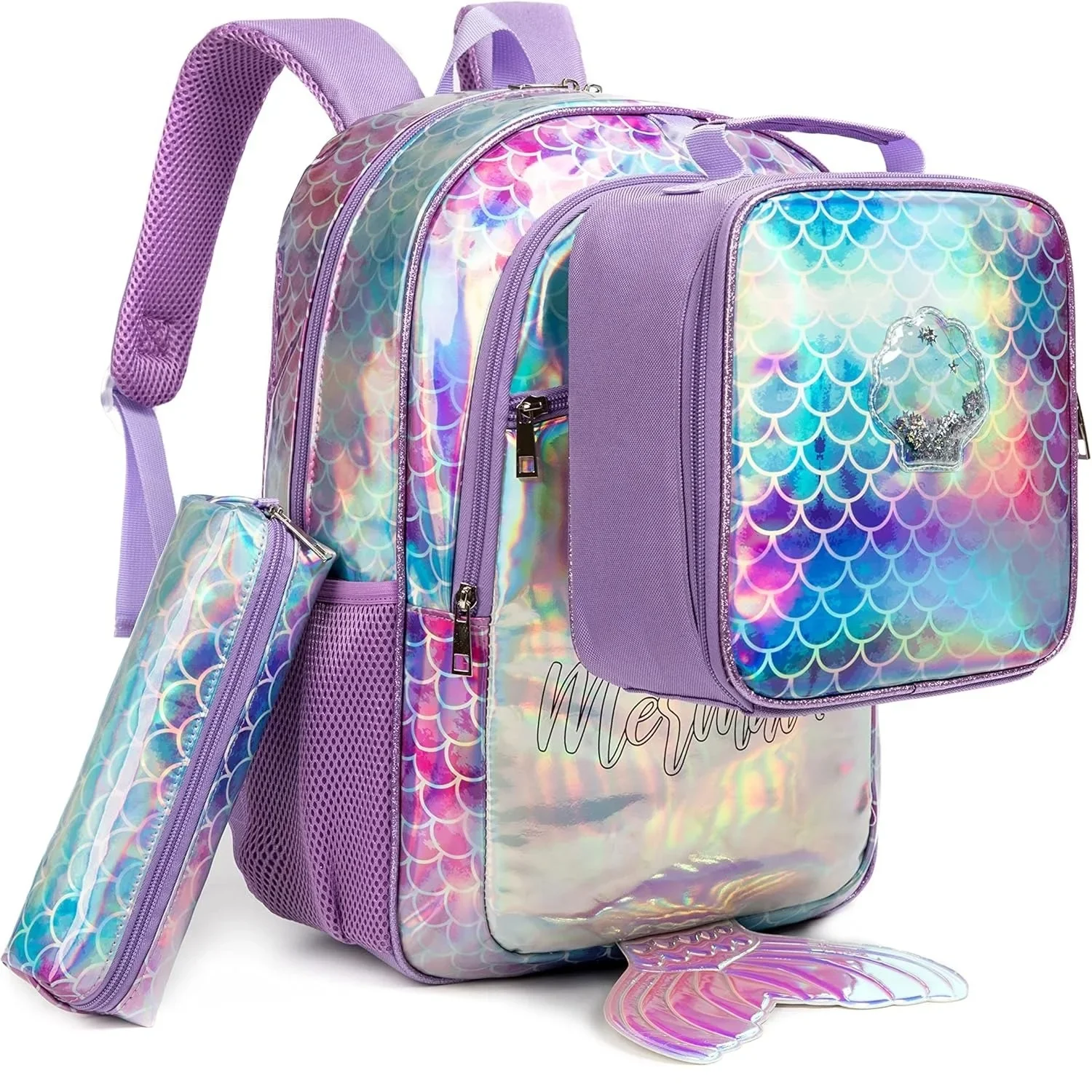 3PCS School Backpacks for Girls Student Back to School Bags Mermaid School Bags with Lunch Box Kids Elementary Primary Book Bags