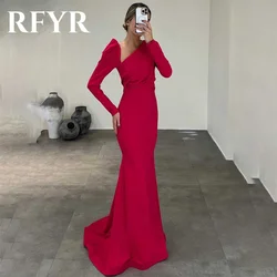 RFYR Red Prom Dress Regular Sleeve Trumpet Split Evening Dresses Luxury V-Neck Party Dresses with Pleats Satin Robe De Soirée