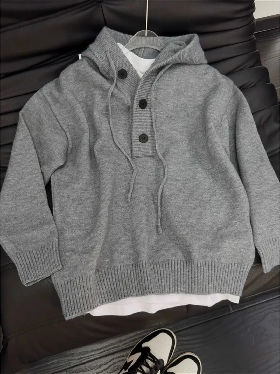 

Мужской вязаный свитер-худи на пуговицах с открытым передом, свободного кроя, из пряжи Cleanfit, для осени и зимы