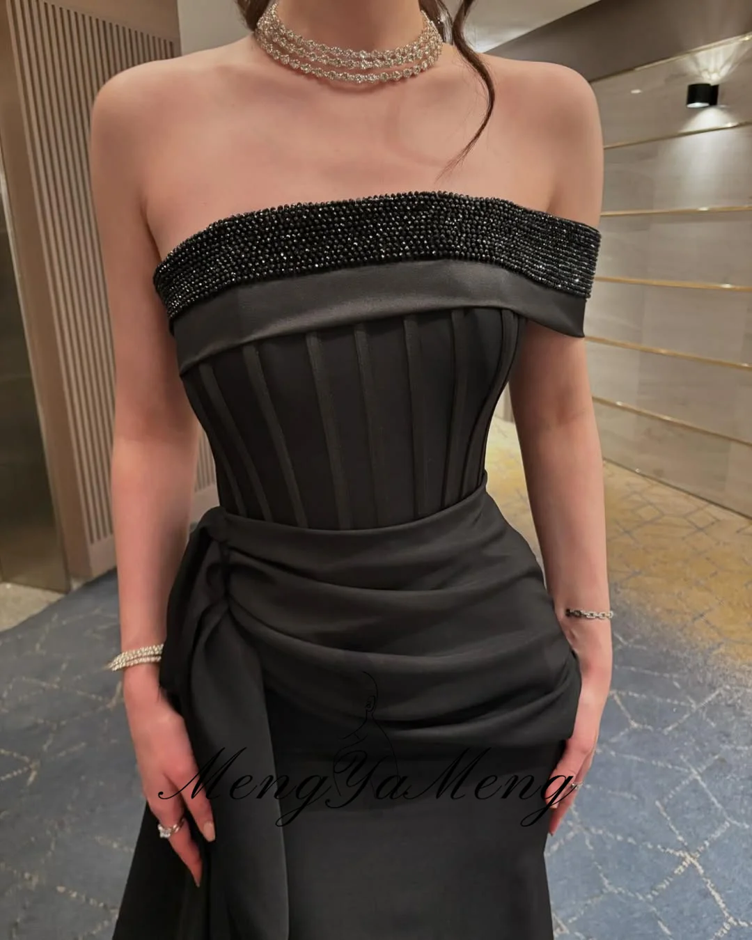 ZHUISHU فستان سهرة أسود بكتف واحد مع خرز مخصص من الساتان السعودي طويل للحفلات الراقصة فستان رسمي للمناسبات لحفلات الزفاف #6