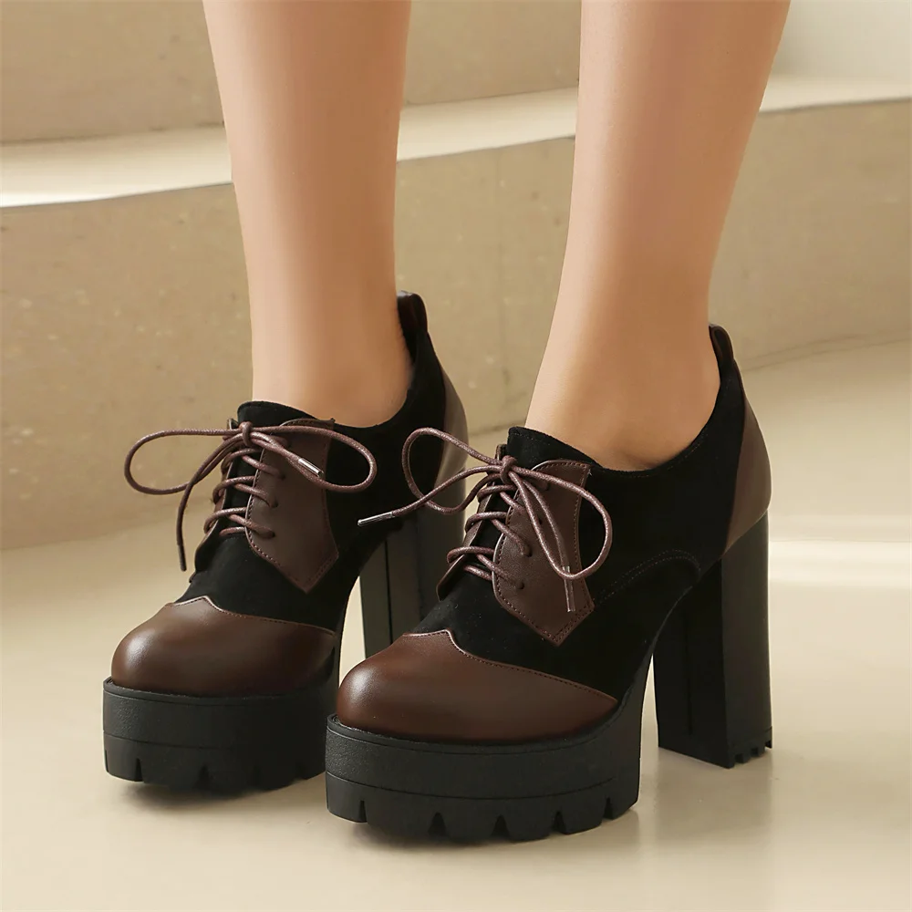 

Spring Autumn Women Pumps Vintage Brogue Lace-up Platform Black Chunky 11CM High Heels Dress Party Dance Hoof Heel Size 36-46