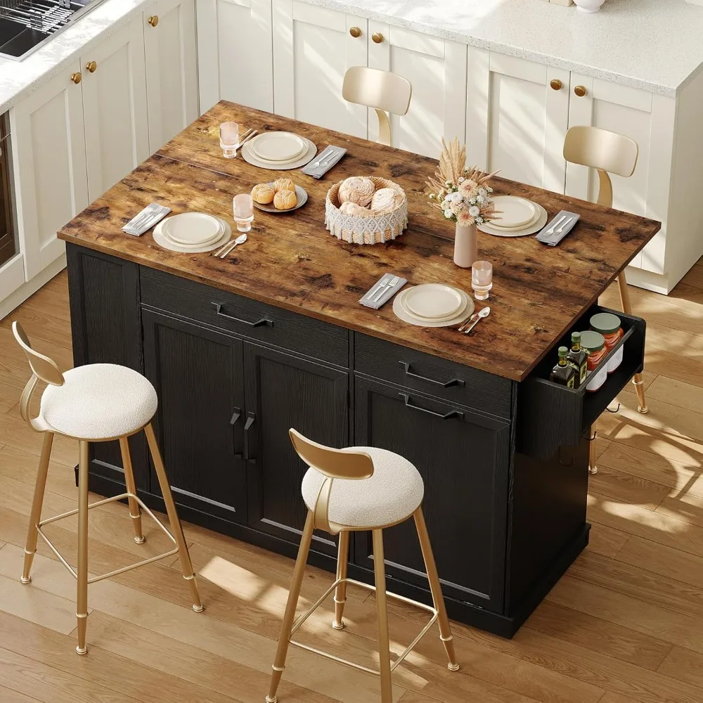 جزيرة المطبخ مع طاقة مدمجة وجوانب قابلة للطي، عربة تخزين محمولة مع حاوية سلة مهملات، مطبخ ريفية متدحرجة