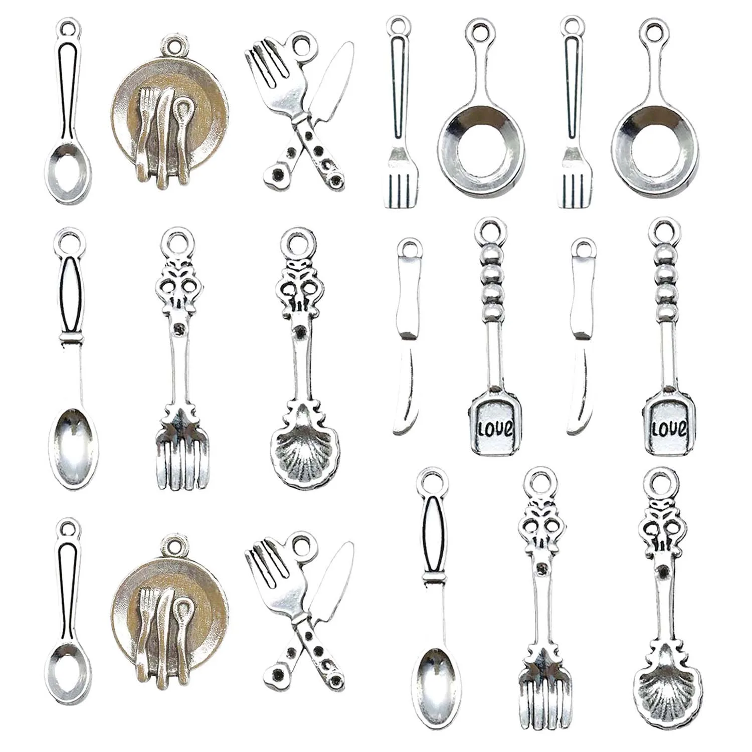 20/100pcs Antique Silvery Mini Tableware Charms Alloy Knives Forks Shovel Spoons Pans Pendants for DIY Jewelry Making Accessory