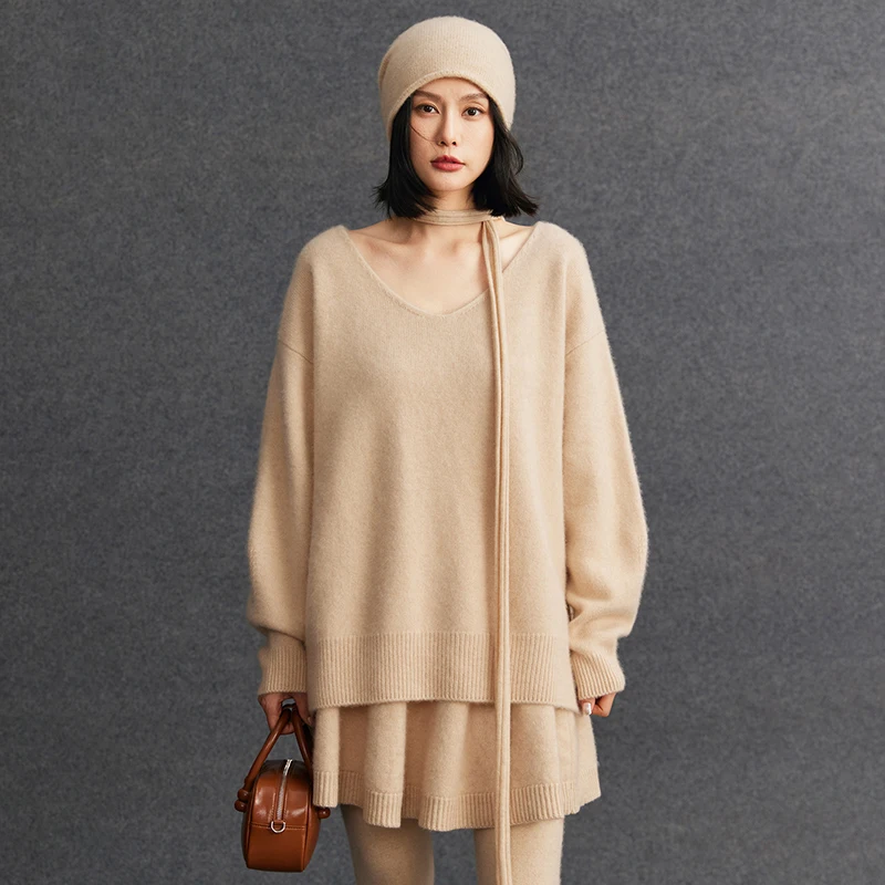 100% Goat Cashmere Sweater Women V-Neck Pullover Autumn Winter Solid Long Sleeve Thick Soft Cashmere Knitted Loose Clothing Top