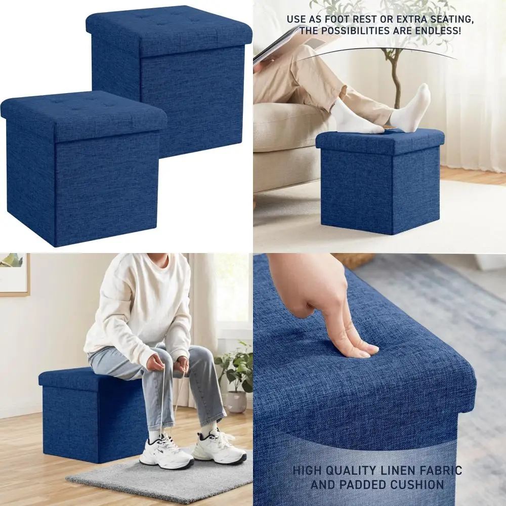

2-Pack 15 Navy Linen Square Folding Storage Ottomans with Foot Rest and Cube Storage