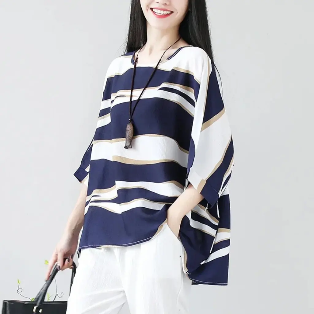 

Summer Vintage Women's Striped Linen Cotton T-shirt Loose Slimming Artistic Top for plus Size Women Trendy Short-Sleeved