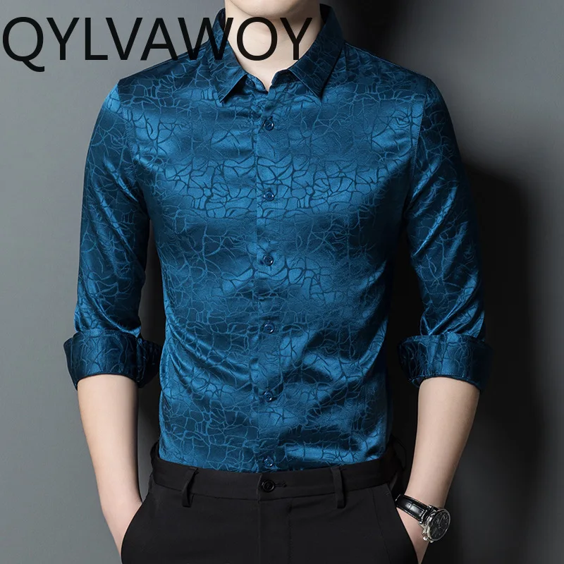 QYLVAWOY 92.4% Mulberry Silk 7.6% Spandex Shirts for Men Spring Summer 2026 Fashion Printed Long Sleeve Shirts Man Casual Tops