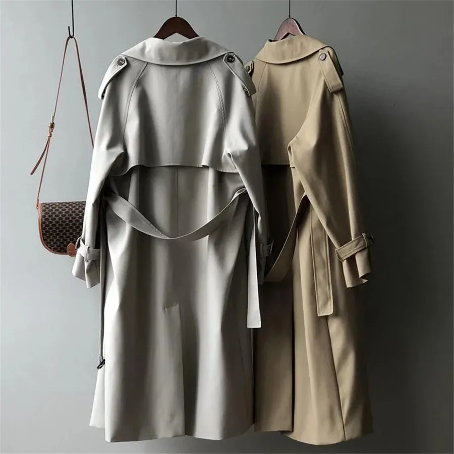 Elegant Fall Spring Long Trench Jackets Office Belt Gabardina Coats Korean Womens Windbreaker Oversize Overcoat Classic Casacos