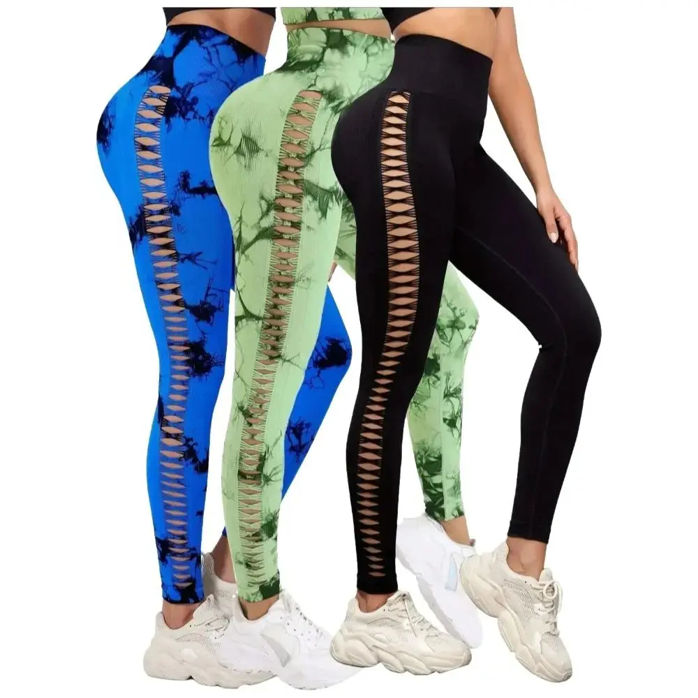 المرأة عالية الخصر التعادل صبغ الجانب الجوف خارج لفافة ساق غير مخيطة Scrunch الورك رفع الجوارب المرنة اليوغا سراويل رياضية