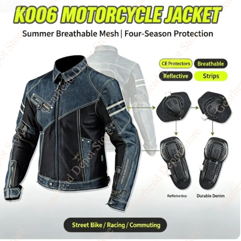 K006 Summer Mesh Denim Motorcycle Riding Jacket Four Seasons Breathable Street Bike Racing Protective Suit