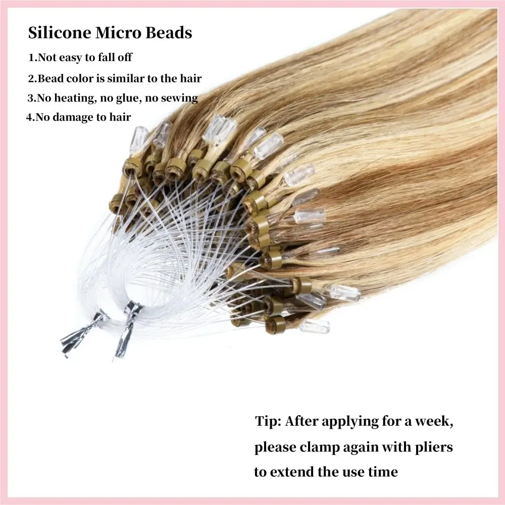 مايكرو حلقة حلقة وصلات شعر 100% شعر بشري لحمة مستقيمة مع حلقات سيليكون لارتداء خالي من الضرر متوفر في 1B/4/613/27 #2