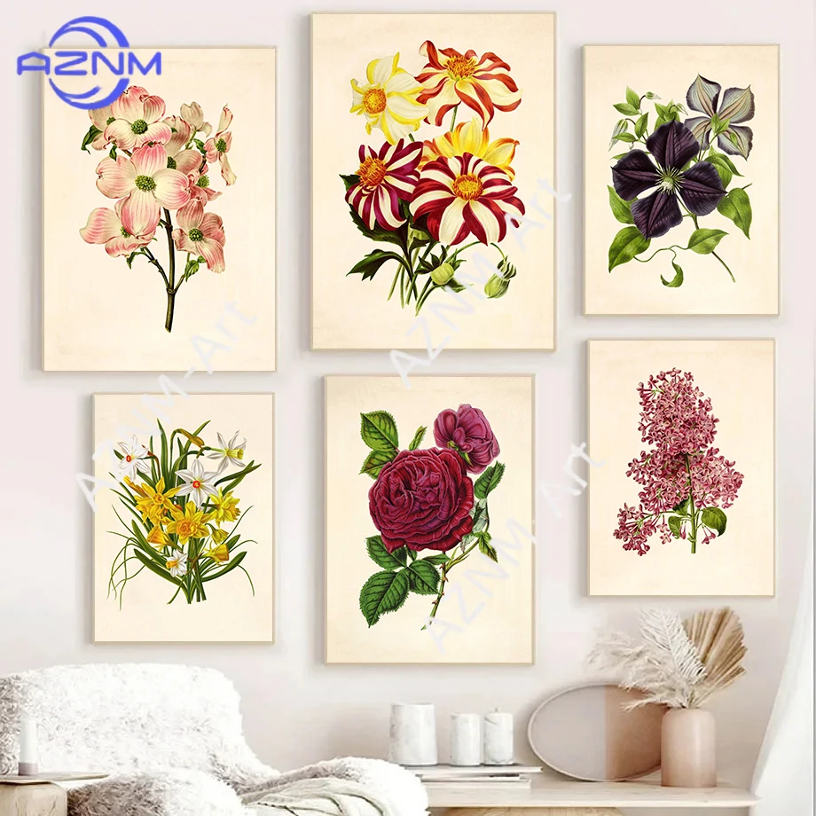Classic Plant Bouquet Rose Daisies Daffodil Tulips Vintage Illustration Poster Canvas Paintings Wall Art Pictures Home Decor