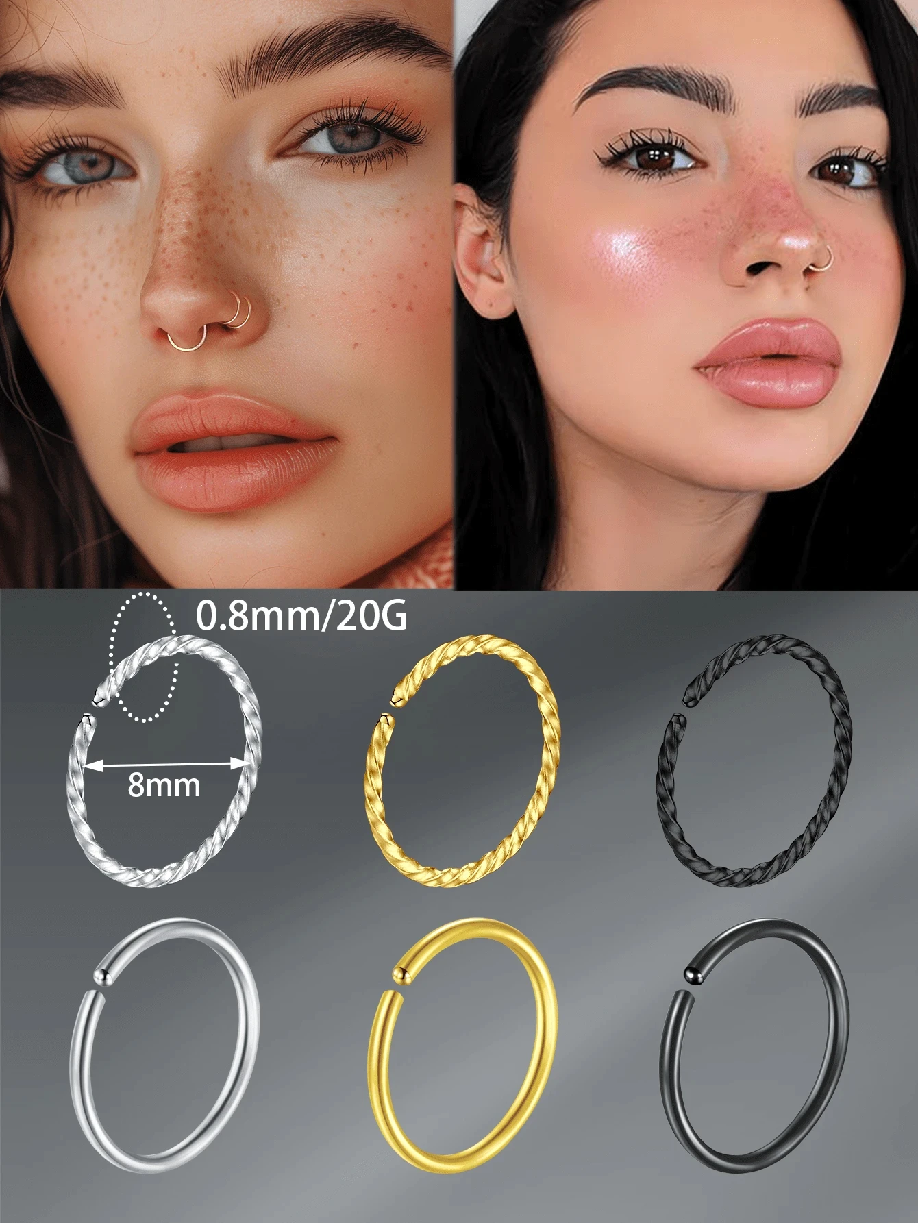 1pc Stainless Steel Cubic Zirconia 20G Nose Ring For Women Double Nose Ring Hoop Nose Piercing Jewelry Simple Stud Earring view 3