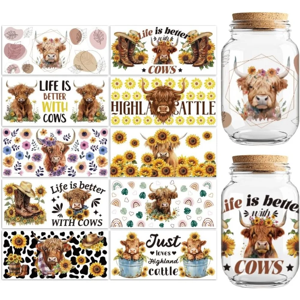 UV DTF Cup Wraps Transferaufkleber Highland Cattle and Sunflower 10 Blatt wasserfester Vinyl-Transferaufkleber