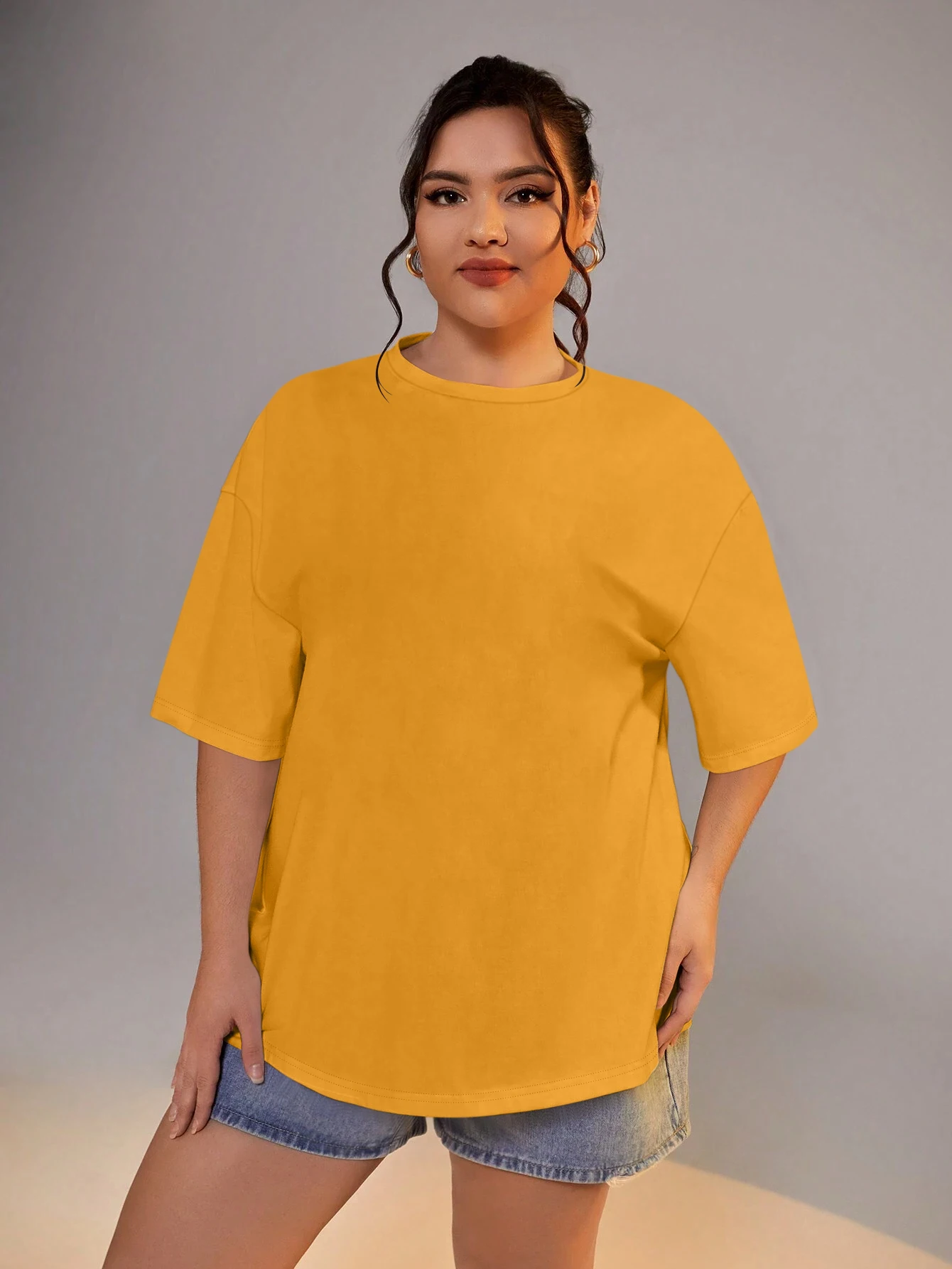 

Women's T-shirt Solid Color Casual Loose Fit Trendy Printed Female Clothing Round Neck Short Sleeve Tees Street Daily Plus Size