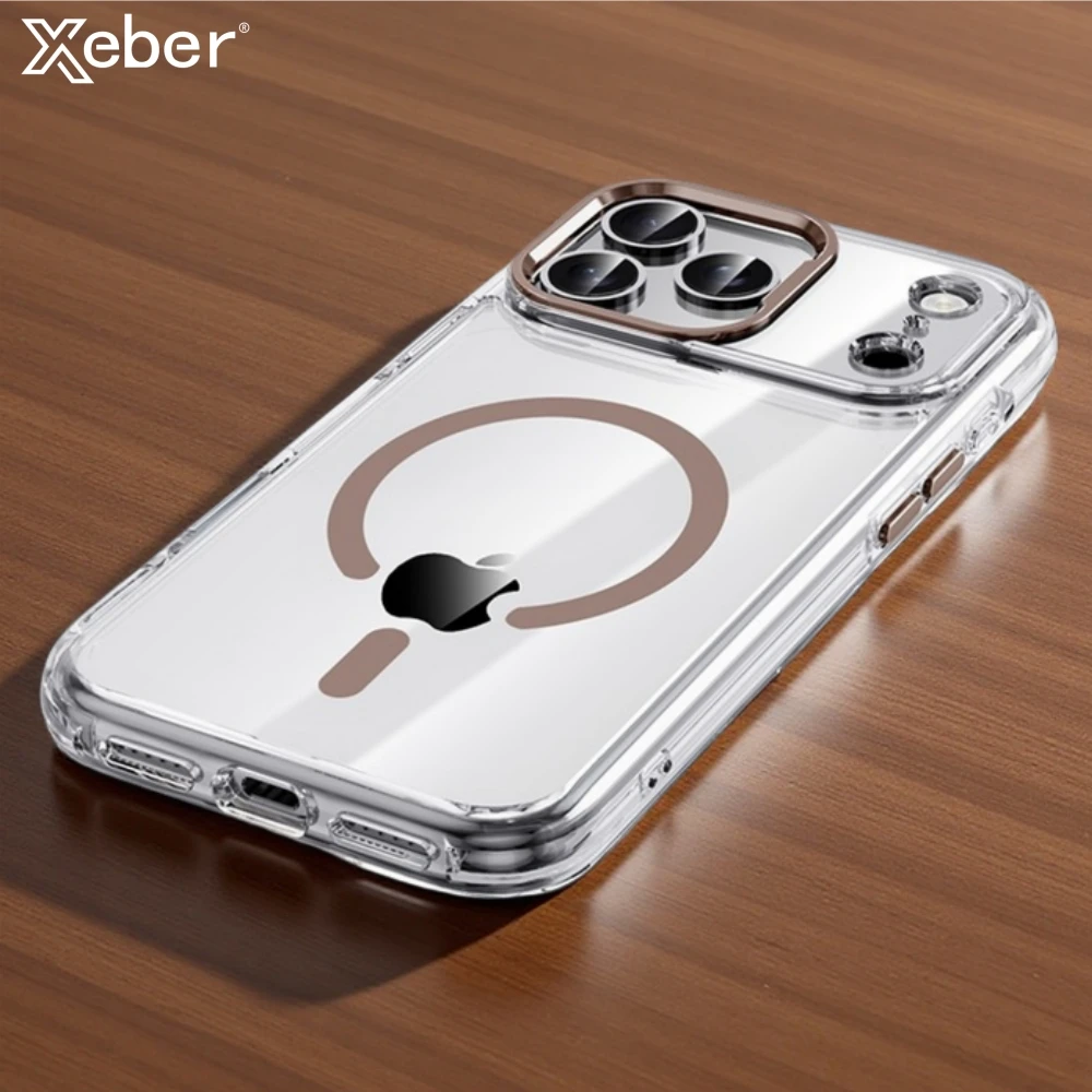 Luxuriöse transparente Magsafe-Magnethülle für iPhone 15 Pro Max 16 17, Air Metal Ring Kameraschutz, Acryl-Stoßstangenabdeckung