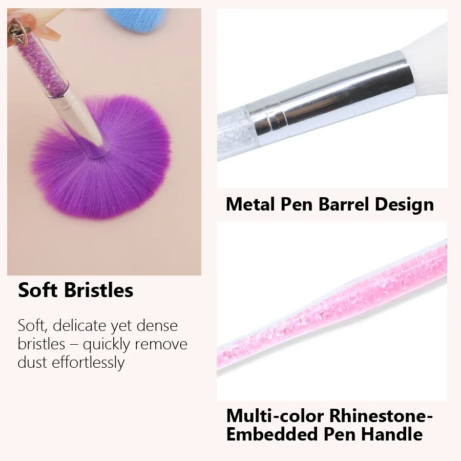 Multi-Purpose Nail Brush & Blush Brush, Soft Nail Dust Cleaner Brushes with Rhinestones Handle for Salon & Home DIY Manicure