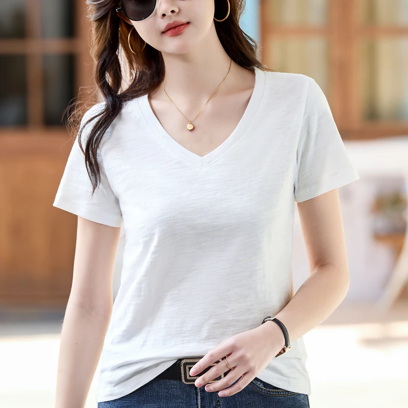

2025 Summer Short Sleeve T-Shirts Women's V-Neck Casual Solid Color Cotton Tops All-Match Black White Tee