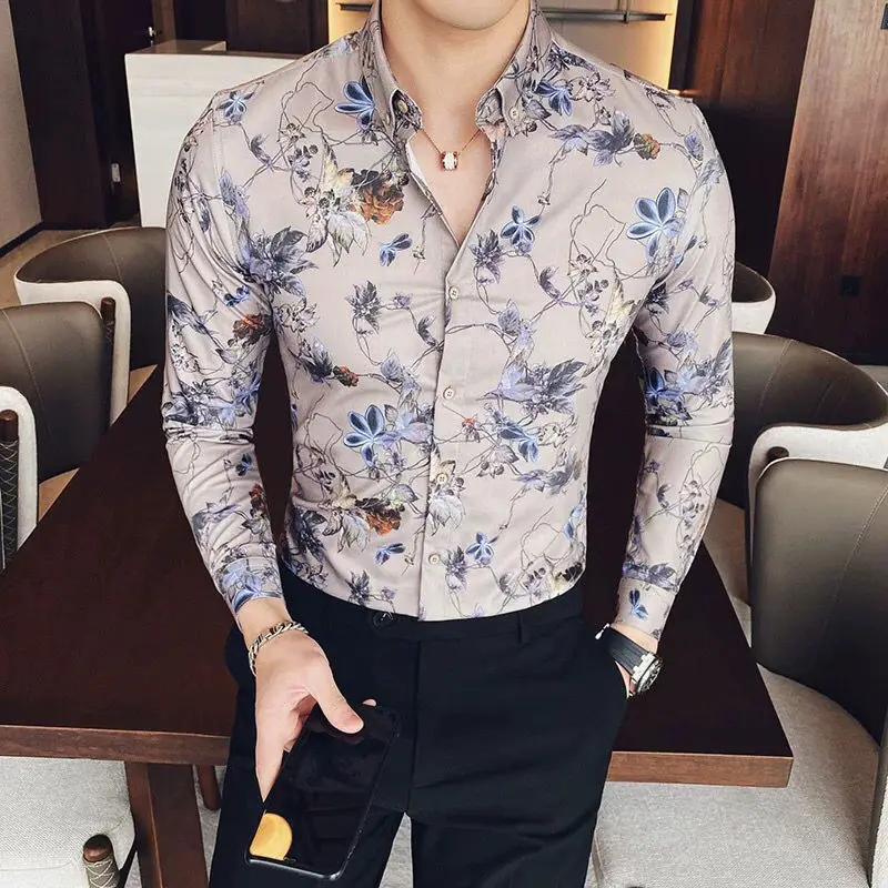 

2024 British Style Men's Shirts Long Sleeve Silky Slim Casual Luxury Printed Business Social Party Dress Famous Street Tops N356