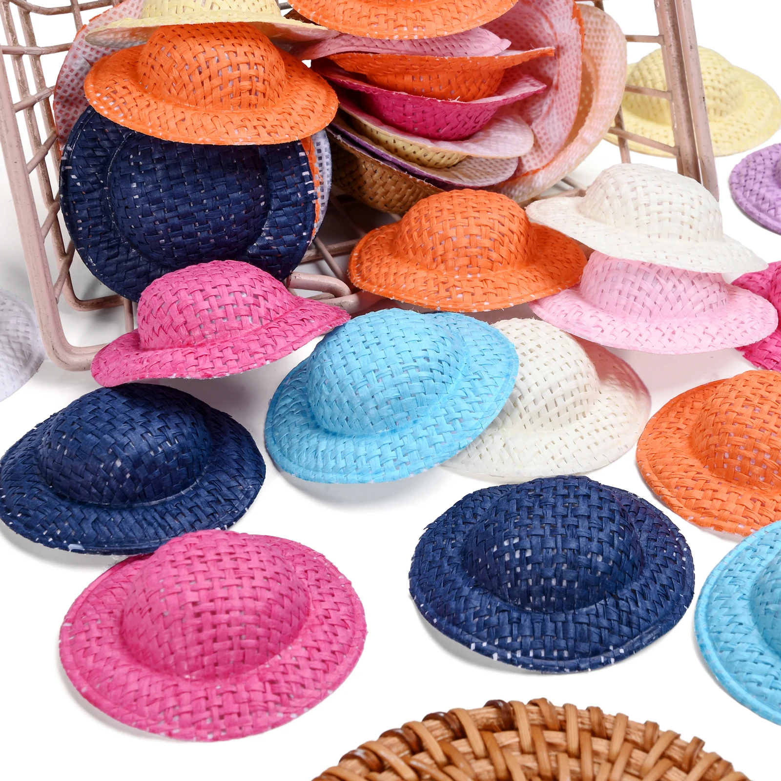 10Pcs 5cm Mini Artificial Straw Hats, Random Mixed Color Doll Straw Hat Ornaments For DIY Crafts, Hair Accessories, Doll Decor