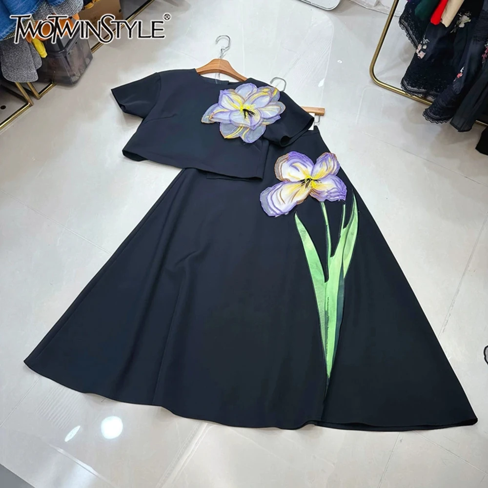 

TWOTWINSTYLE Elegant Solid Two Piece Sets For Women Round Neck Short Sleeve Top High Waist Skirt Chic Set Female New KSE536610