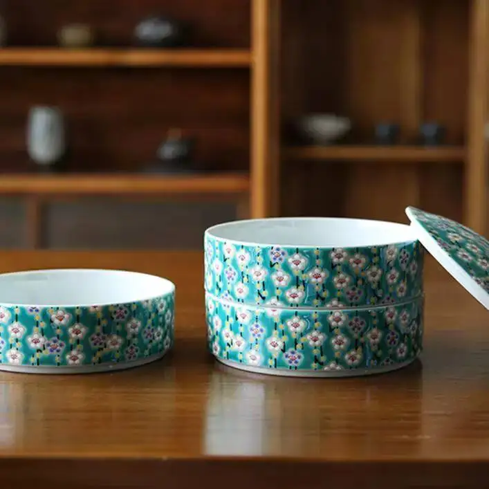 In Stock Japanese Imported Kutani Ware Painted Ceramic Stacking Food Round Storage Box For Dried Fruits, Snacks, And Candies