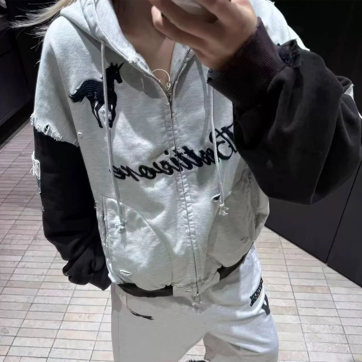 

Grailz Project G/R Premium 2026 New Distressed Color-Block Warhorse Slogan Zipper Hoodie Jacket