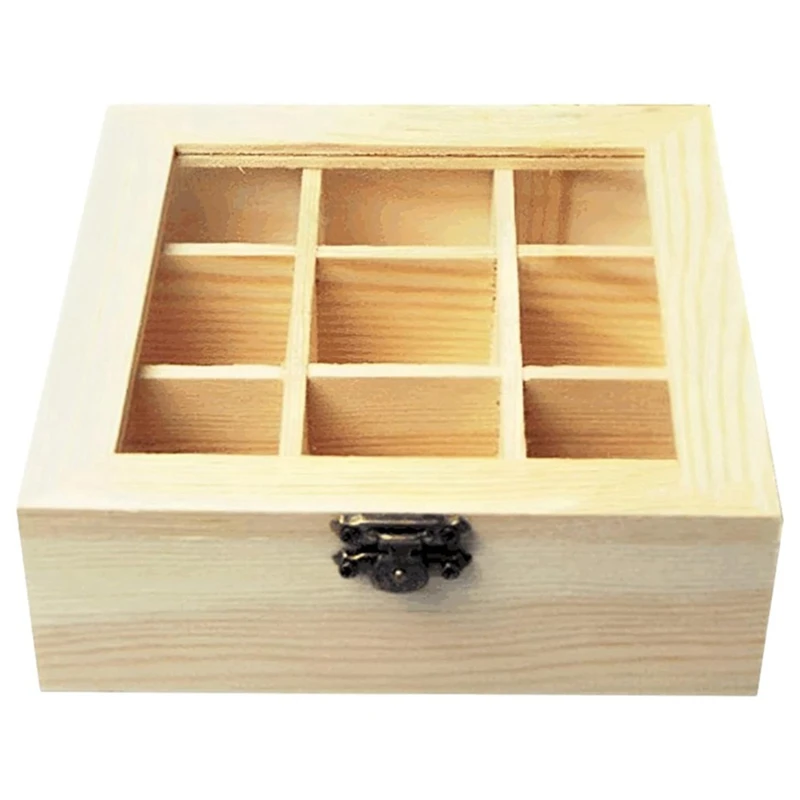 Caja de almacenamiento de té con 9 compartimentos, tapa de cristal transparente, caja de almacenamiento multifuncional que puede almacenar varias bolsitas de té duraderas