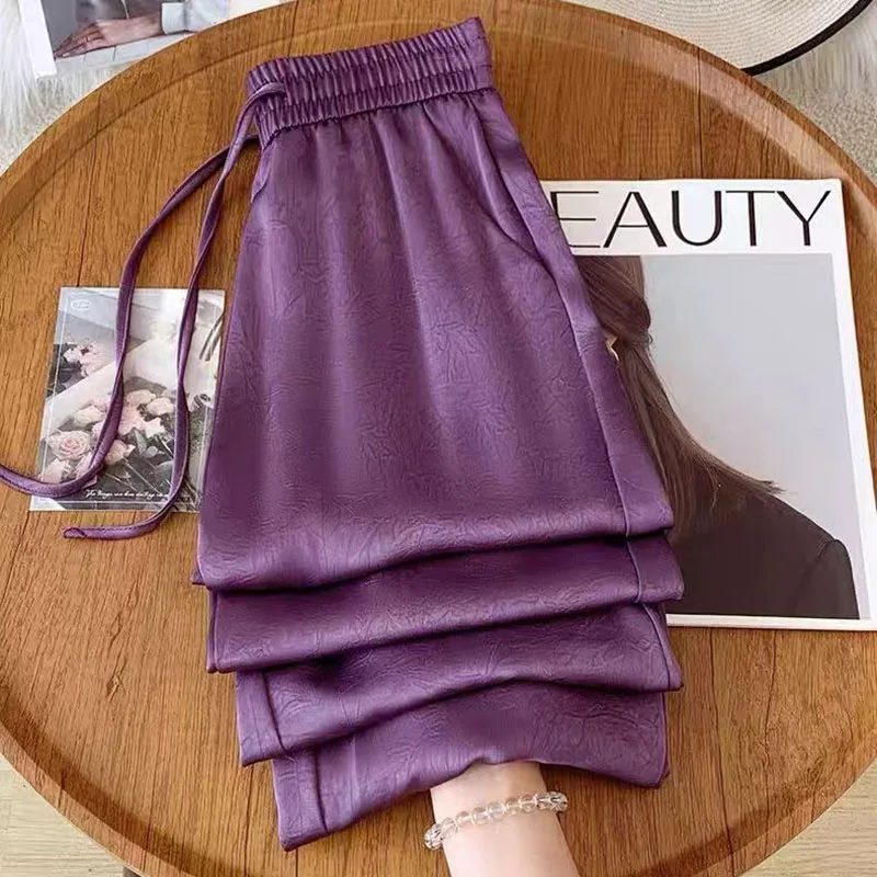 

Vintage Satin Wide Leg Pants for Women Summer Streetwear Loose Casual Trousers High Waist Print Ice Silk Straight Pants New