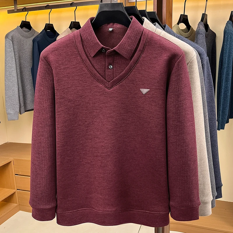 Luxusmarke Herren Einfarbiges Bedrucktes Poloshirt Herbst Neu Langärmeliges Revers Falsches Zweiteiliges T-Shirt Business Casual Herrenbekleidung – Detail 9