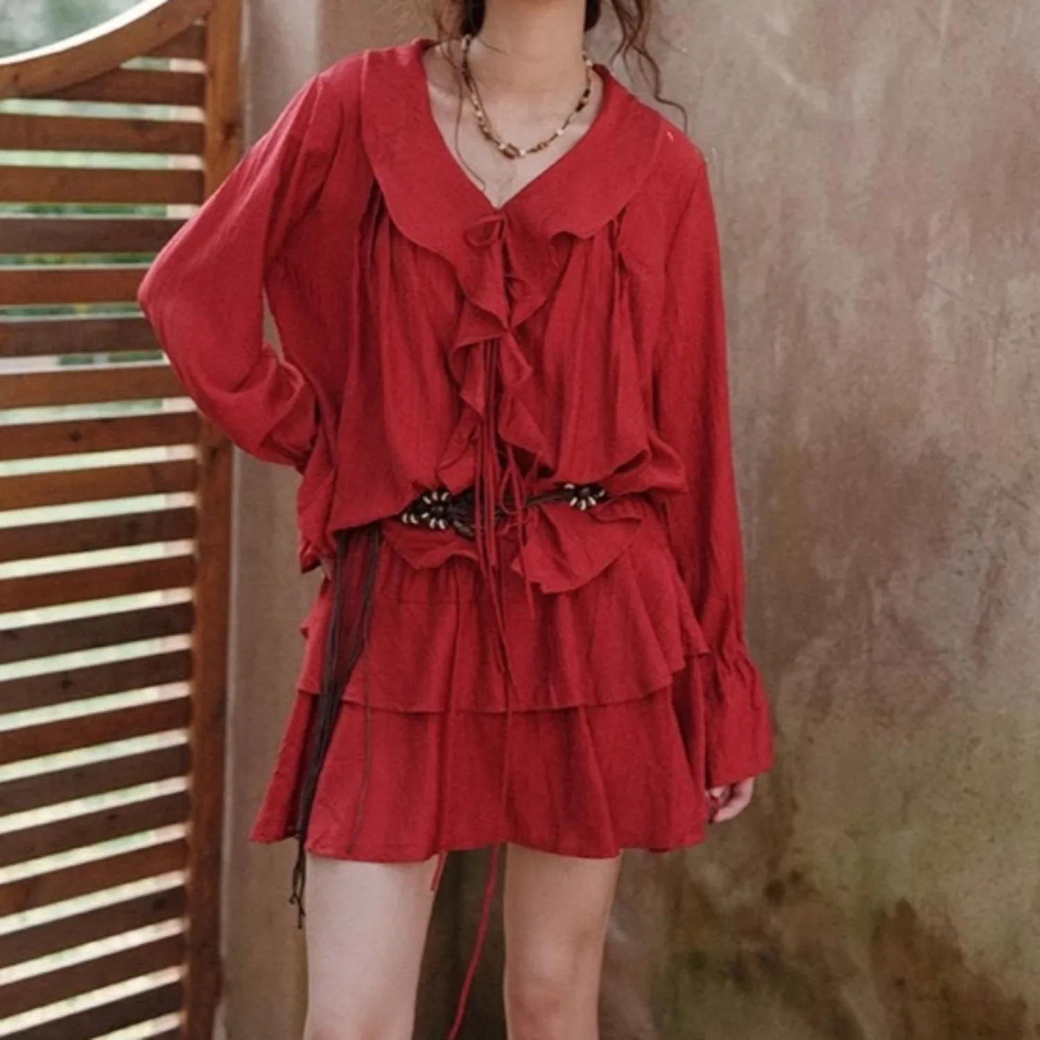 

Red V-neck Long Sleeve Tops + Skirts Women Autumn Spring Elegant Vintage Two Piece Sets Vacation Streetwear Chic Skirt Set
