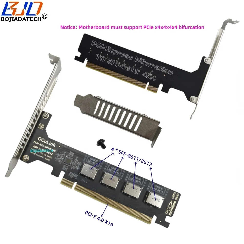 PCI-E 4.0 16X to 4 * Oculink SFF-8611 SFF-8612 Expansion Riser Card Motherboard Support PCIe X4x4x4x4 Bifurcation in Stock