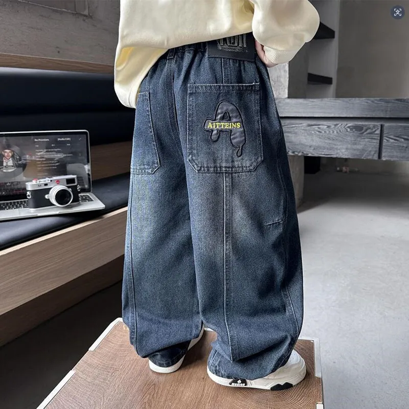 Spring&Autumn Fashion Boy Jeans Elastic Waist Teen Curved-knife Pants Classic Blue Kids Denim Pants Children Loose Trousers 2-11