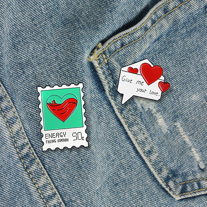 Enamel Pins Red Hearts Give me your love ENERGY Brooches Lapel Badges For Lovers Woman Jewelry Gift Wholesale Love Letter Stamp