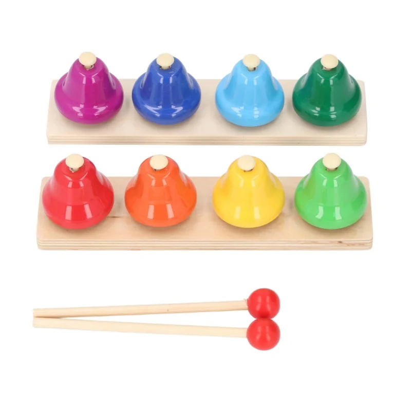 Sinos de mesa para crianças, instrumento de percussão, 8 notas, sinos musicais coloridos, instrumento de percussão, brinquedo com marretas de madeira