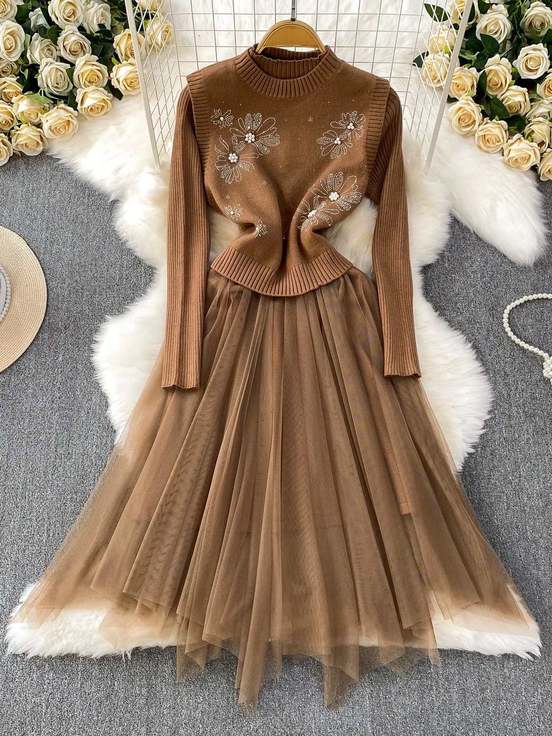 

Faionable Knitted Diamond f High Collar Long Skirt Two Piece Set for Women Autumn Winter Me Splicing Dr Ensemble