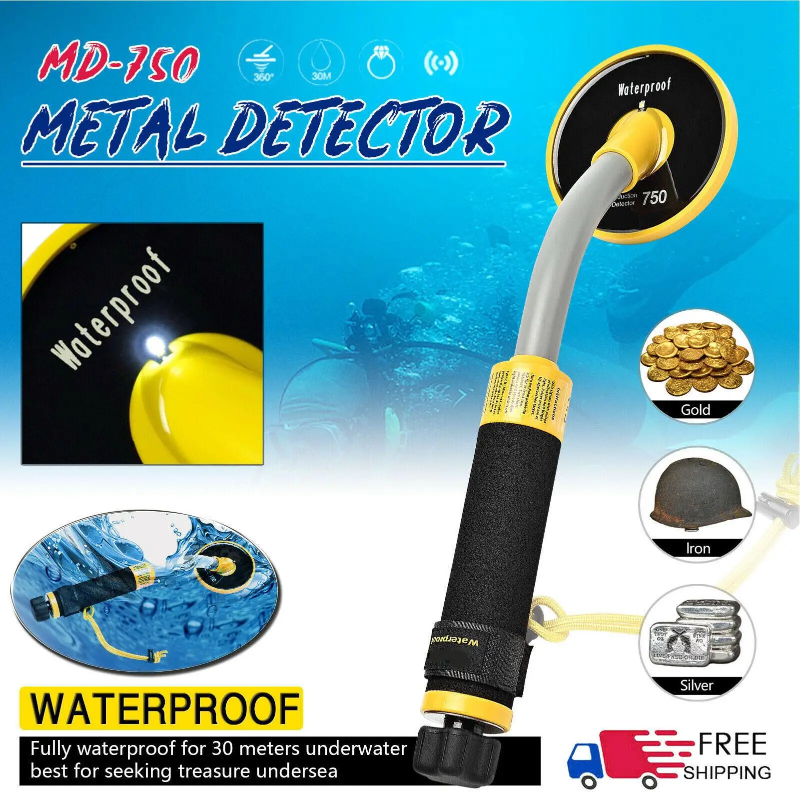 100ft Waterproof Handheld Underwater Metal Detector - Pulse Induction Treasure Finder for All Environments