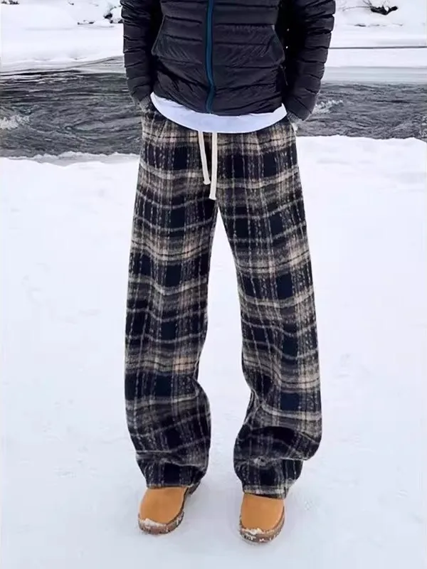 

American Retro Tweed Plaid Men's Winter Thiened Drape Straight Loose Casual Pants Elastic Waisand Warm Polyester Fiber