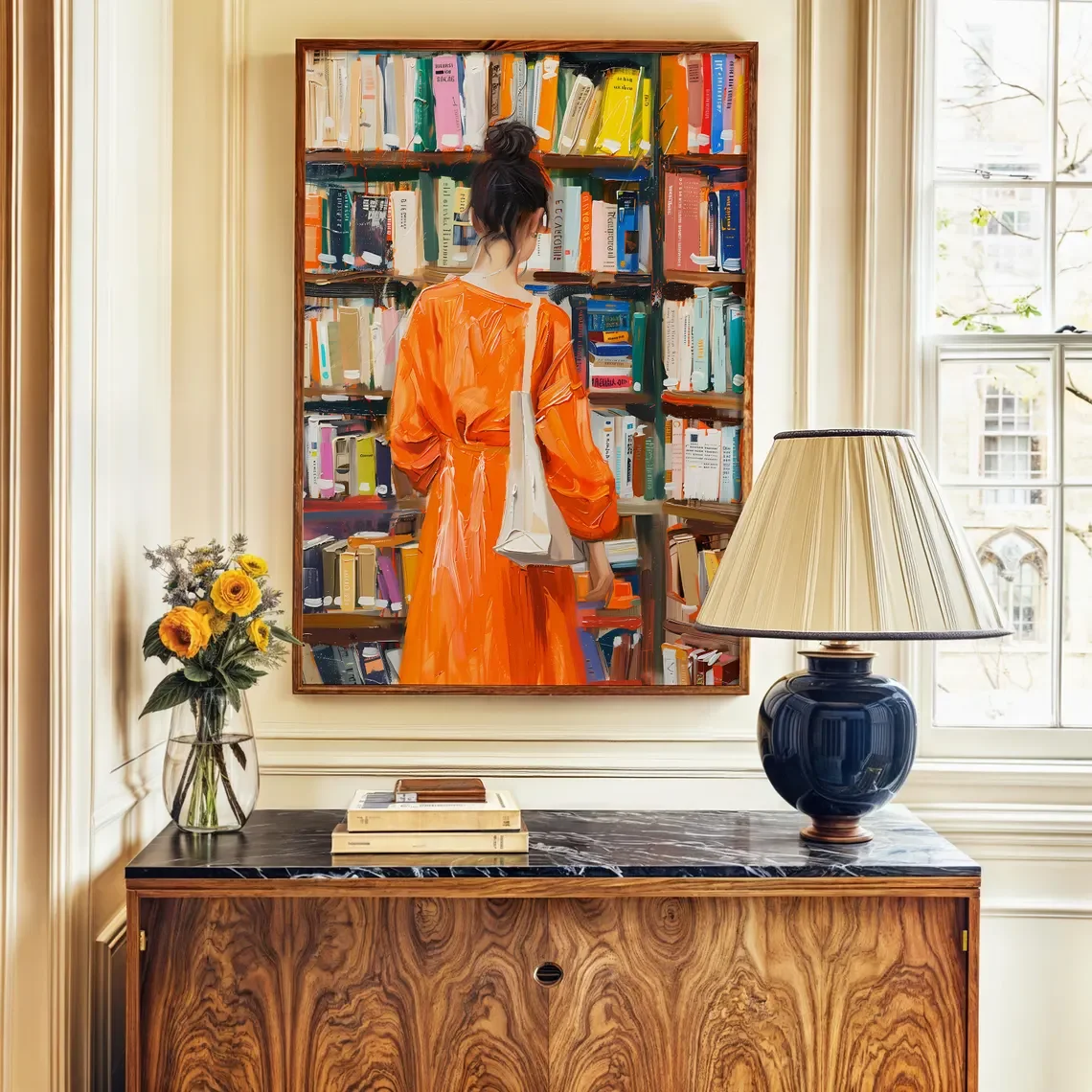 Woman Bookstore Art Print, Woman Painting, Reading Poster, Cute Wall Decor, Library Wall Art, Framed Wall Art, Acrylic Painting,