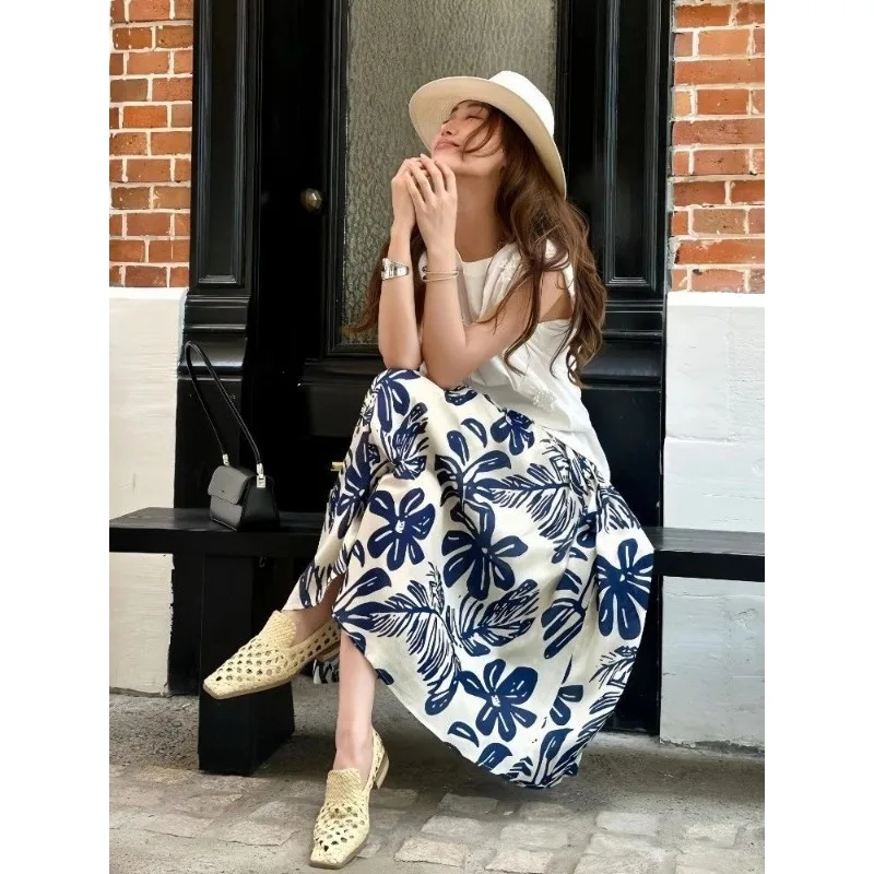 

Темпераментная синяя длинная юбка с принтом, осень 2024, новая повседневная свободная элегантная универсальная юбка в стиле ретро в стиле ретро