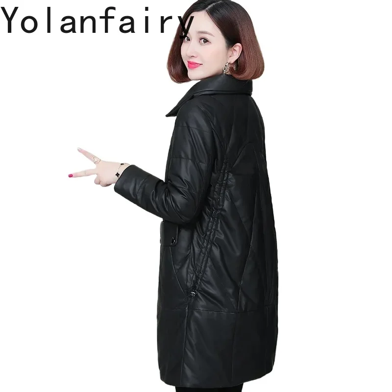 YOLANFAIRY 정품 가죽 여성 겨울 양피 코트 여성용 롱 다운 재킷 한국 스타일 폴로 칼라 패션 코트 FCY51