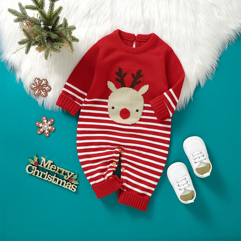 Baby Girls Boys Sweater Rompers Christmas Clothes Deer Pattern Stripe Crew Neck Long Sleeve Toddler Baby Knitted Xmas Bodysuits