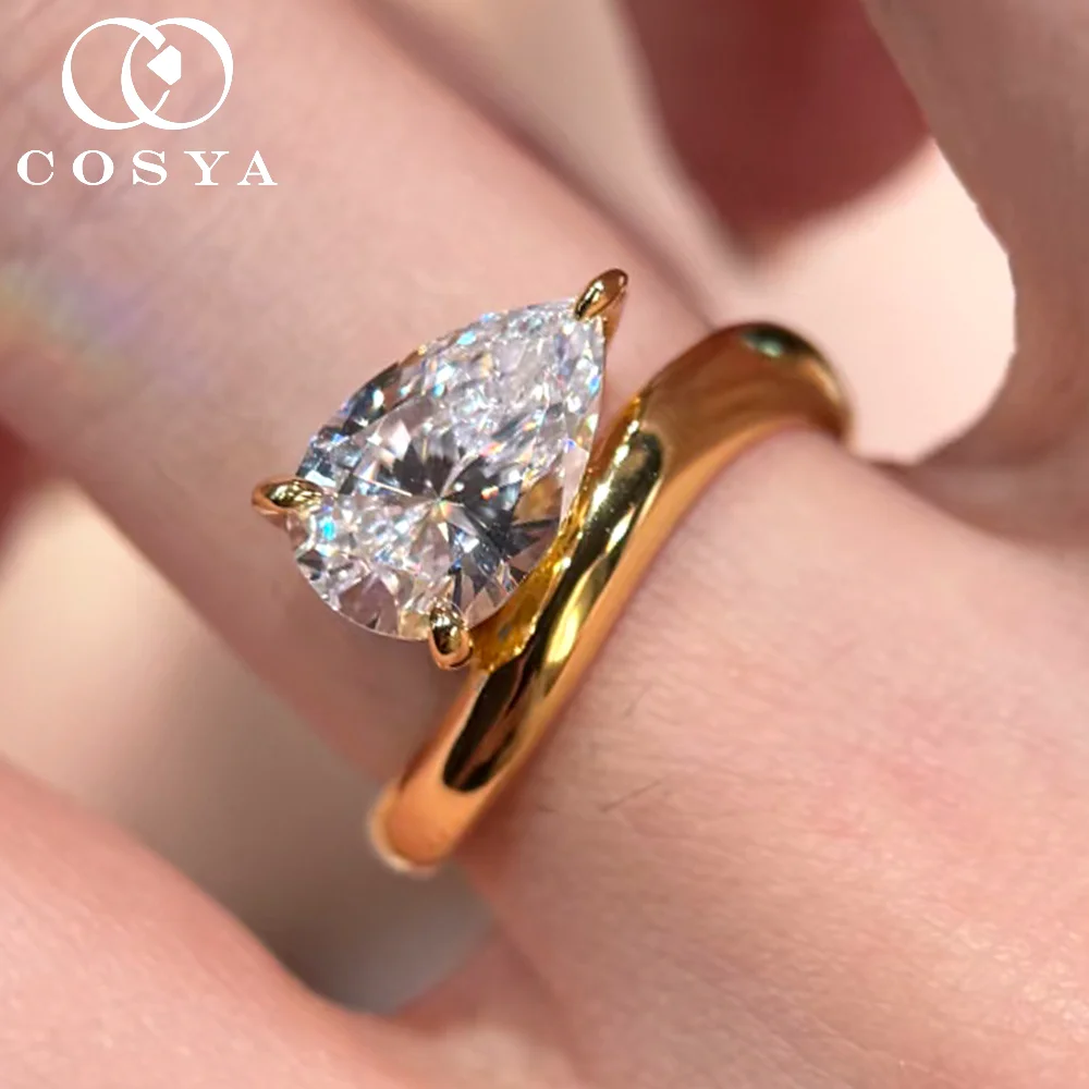 COSYA 1.5/3CT Pear Cut Moissanite Diamond Ring for Women 100% 925 Silver WaterDrop East West Solitaire Wedding Band Jewelry Gift
